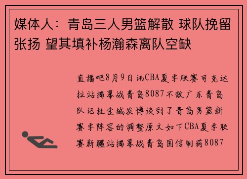 媒体人：青岛三人男篮解散 球队挽留张扬 望其填补杨瀚森离队空缺